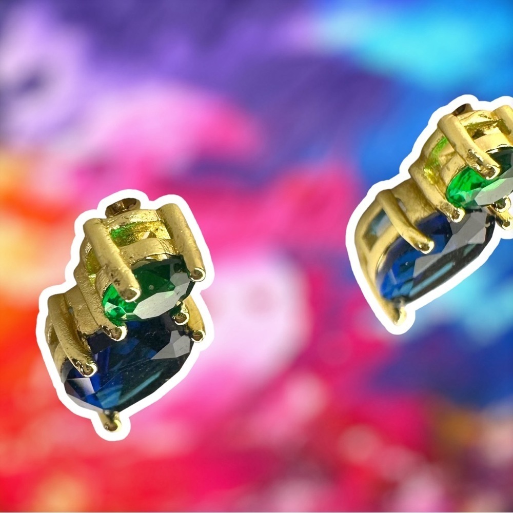 NEW Green & Blue Crystal CZ Goldtone Teardrop Stud Earrings - Picture 7 of 15